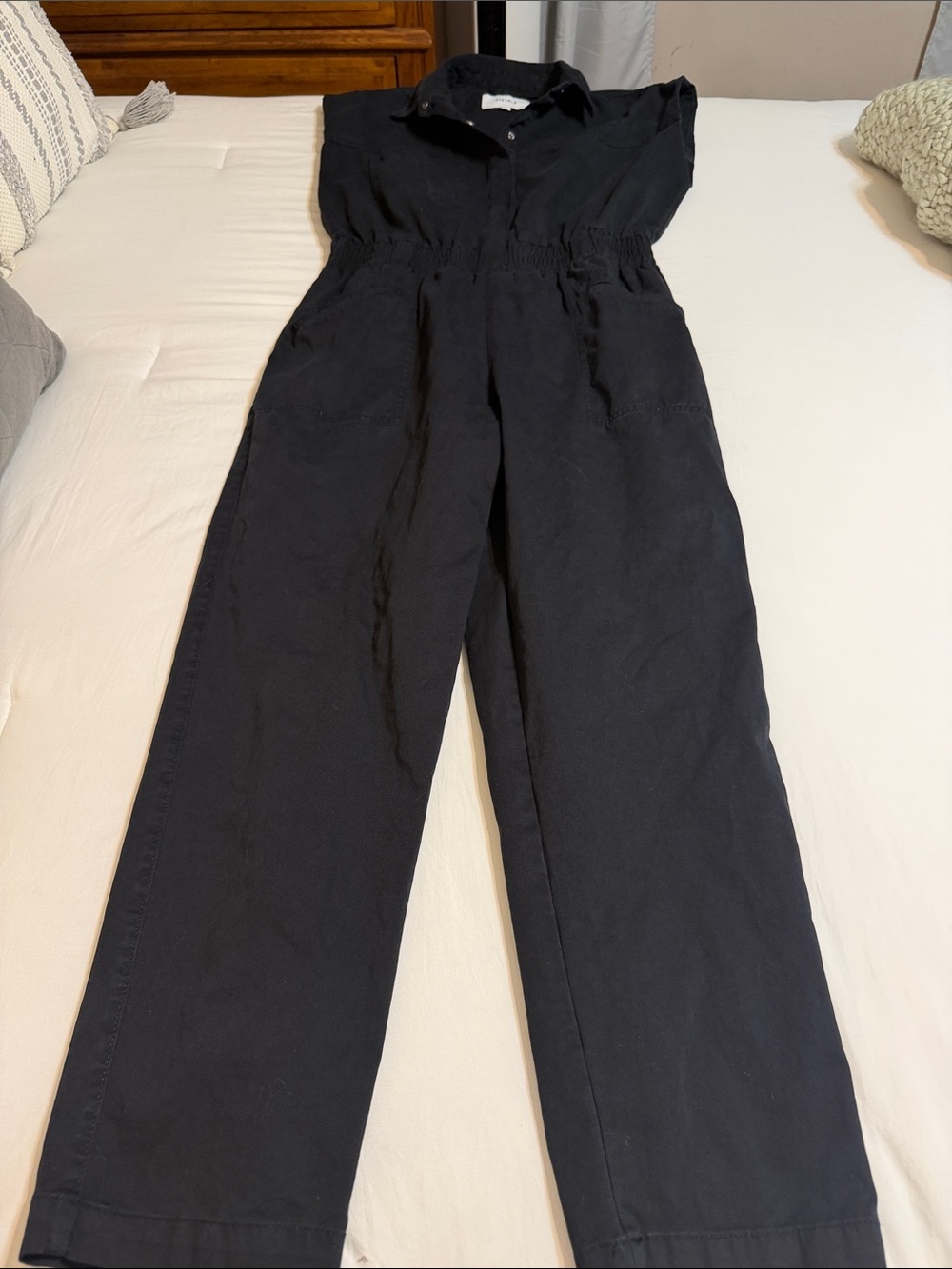 Pistols Black Snap Front Short Sleeve Utility Jumpsuit with Elastic Waist. Med